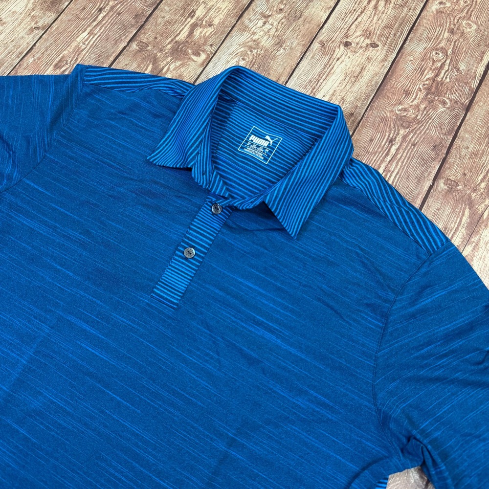 Puma Golf Polo Shirt Mens Medium Blue Striped Short Sleeve Stretch Performance